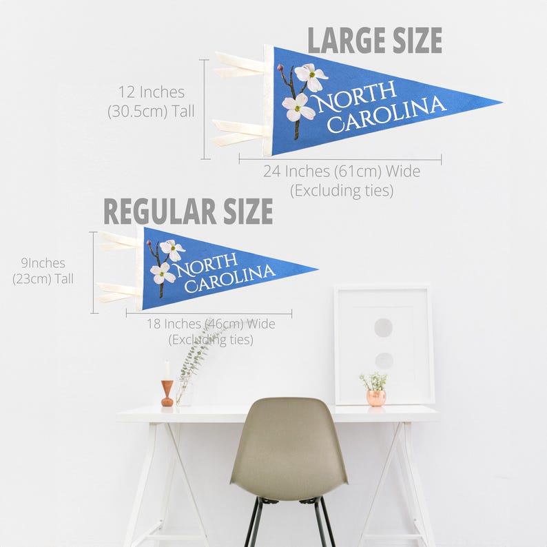 May include: Two blue pennant flags with the text "NORTH CAROLINA" and floral accents. The large flag is 12 inches (30.5cm) tall and 24 inches (61cm) wide. The regular size flag is 9 inches (23cm) tall and 18 inches (46cm) wide.