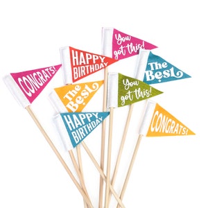 Félicitations, joyeux anniversaire, le meilleur, vous avez ceci | Petit fanion à message sur bâton | Mini drapeau de 2,5 x 4 pouces