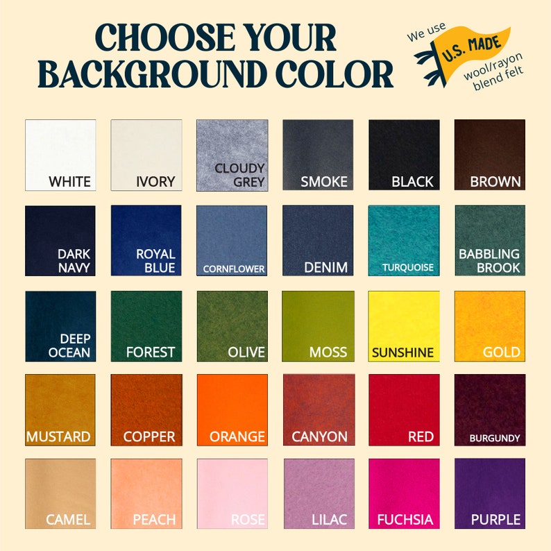 Peut inclure: Un nuancier de 24 couleurs de feutre diff&eacute;rentes. Les couleurs sont dispos&eacute;es en quatre rang&eacute;es de six couleurs chacune. Les couleurs sont : blanc, ivoire, gris nuageux, fum&eacute;e, noir, marron, bleu marine fonc&eacute;, bleu royal, bleuet, denim, turquoise, babillage de ruisseau, oc&eacute;an profond, for&ecirc;t, olive, mousse, soleil, or, moutarde, cuivre, orange, canyon, rouge, bordeaux, camel, p&ecirc;che, rose, lilas, fuchsia et violet.