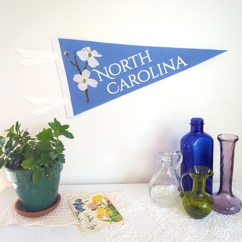 May include: A blue pennant flag with the words "NORTH CAROLINA" in white, and a floral design. The flag is displayed with a potted plant, vintage bottles, and a botanical print on a white surface.