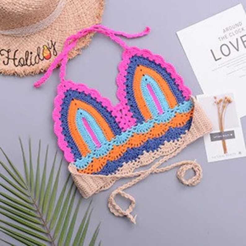 Bottom Bikini Beachwear Bathing Suit Women Swimsuit Crochet Bikini Sets Multi Color Knitted Rainbow Striped Off Shoulder Top