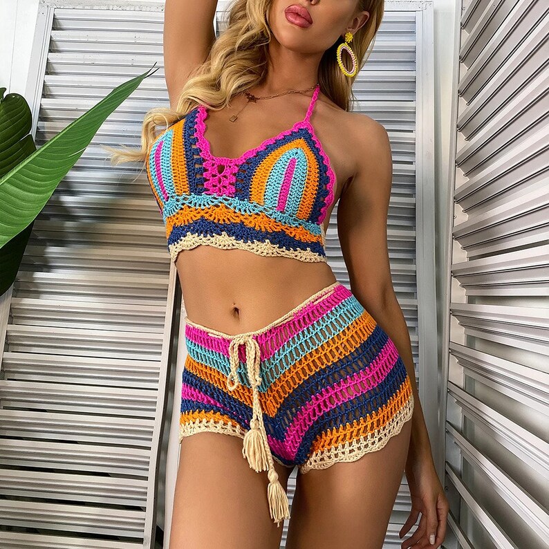 Bottom Bikini Beachwear Bathing Suit Women Swimsuit Crochet Bikini Sets Multi Color Knitted Rainbow Striped Off Shoulder Top