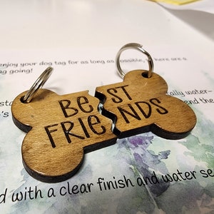 Best Friend Dog Tags Personalized Pet Tags Split BFF Tags with Matching Halves Bone Shaped Dog Tag Wood Engraved Name