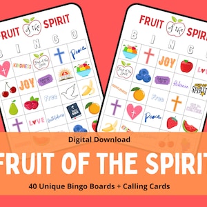Bingo Fruto del Espíritu / Bingo Bíblico / Juego Fruto del Espíritu / 40 tableros únicos y 2 tamaños diferentes de tarjetas de presentación
