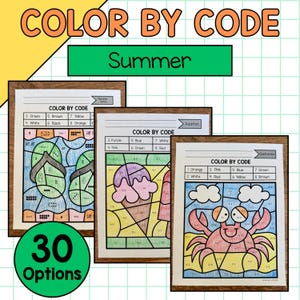 Letnie kolorowanki według kodu | Letnie kolorowanki | Zmysł liczbowy, dodawanie, odejmowanie | Łącznie 30 arkuszy