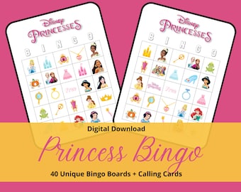 Princess Bingo | Princess Birthday Party | 40 Unique Bingo Cards + Calling Cards | Digital Download