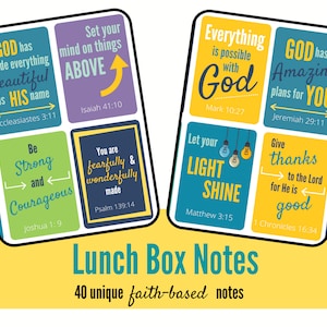 Puede incluir: Un conjunto de 40 notas para la lonchera coloridas con citas inspiradoras y versículos bíblicos. Las notas están impresas en cartulina blanca y presentan una variedad de colores, incluyendo azul, verde, amarillo y morado. Cada nota incluye un breve mensaje y un versículo bíblico.