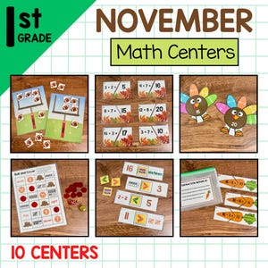 Pode incluir: Um conjunto de atividades de centros de matemática educacionais para a 1ª série. A imagem inclui vários jogos de matemática com temas de outono e Ação de Graças, como adição, subtração e reconhecimento de números. O texto "November Math Centers" é exibido.