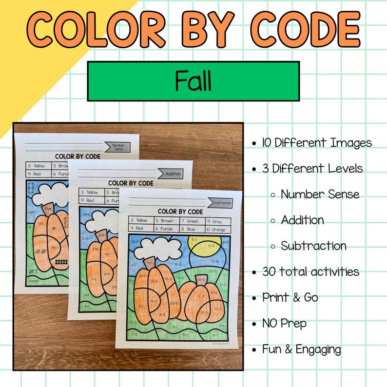 Fall Math Color by Code Worksheets | Number Sense, Addition ...