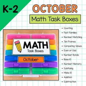 Mathematik-Aufgabenboxen für die Klassenstufen K-2 im Oktober | Praktische Mathematik-Stationen (Digitaler Download)