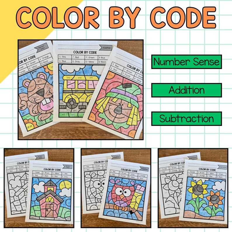 Fall Math Color by Code Worksheets | Number Sense, Addition ...