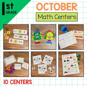 May include: A collection of educational math center activities for 1st grade, featuring the text "OCTOBER Math Centers" and "10 CENTERS." The image includes number cards, monster cutouts labeled "EVEN" and "ODD," and worksheets with spider web graphics.