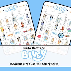 Blauwe bingo | Blauwe verjaardag | Bluey-games | 16 unieke bingoborden + visitekaartjes in 2 formaten
