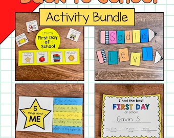 May include: A colorful "Back to School Activity Bundle" with various educational elements. Includes a "First Day of School" circle, name tags, a "5 things about ME" star, and a "First Day of School" certificate. The bundle is designed for early education.