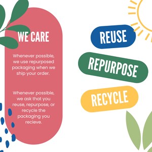 May include: A pink and white illustration with the text "WE CARE" and a message about using repurposed packaging. The illustration also includes a sun, green leaves, and three buttons with the text "REUSE", "REPURPOSE", and "RECYCLE".