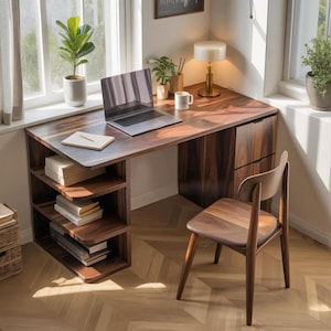 Contemporary Wooden Desk with Shelves and Drawers for Home Office Workspace or Minimalist Study Corner