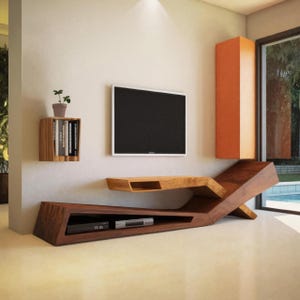 Contemporary Artistic Wood TV Stand with Asymmetrical Design for Modern Living Room and Media Entertainment Display