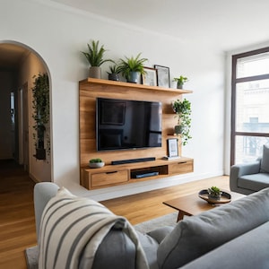 Modern Solid Wood Wall Mounted TV Stand with Storage Drawers and Shelf for Living Room
