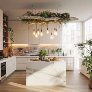 Rustic Driftwood Ceiling Light with Hanging Bulbs and Greenery for Modern Kitchen or Dining Room Decor