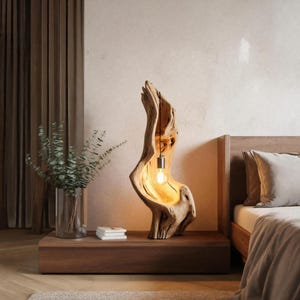 Rustic Driftwood Lamp with Exposed Bulb and Artistic Organic Design for Bedroom, Living Room or Ambient Home Lighting