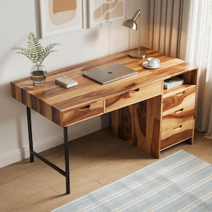 Modern Wooden Desk with Drawers – Solid Wood Home Office Desk with Storage for Study or Workstation Setup