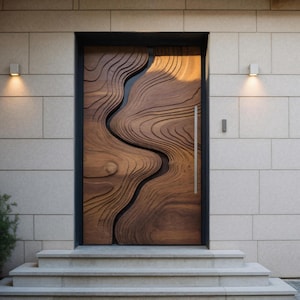 Modern Carved Wooden Front Door with Organic Wave Design, Handmade Exterior Entry Door for Contemporary Home