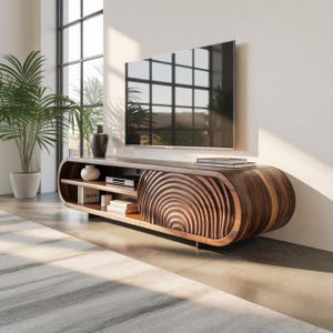 Modern Hardwood TV Stand with Sculpted Doors: Living Room Media Console