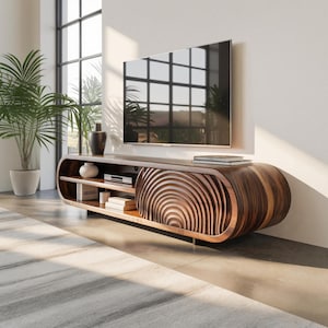 Modern Rounded Wood TV Stand with Sculpted Doors and Storage Shelves for Living Room Entertainment Center and Interior Decor