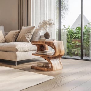 Moderner gemeißelter Holz-Beistelltisch mit offener Regalaufbewahrung für Wohnzimmer- oder Schlafzimmerdekor