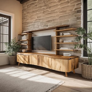 Modern Wooden TV Stand with Sculpted Storage and Floating Shelves for Living Room Entertainment Center