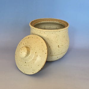 Puede incluir: Un tarro de cer&aacute;mica moteado con tapa. El tarro es de color crema con motas marrones y un borde ligeramente ensanchado. La tapa es redonda con un peque&ntilde;o pomo. El tarro est&aacute; abierto.