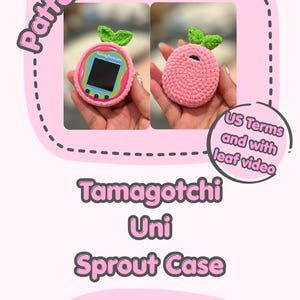 May include: A crochet pattern for a Tamagotchi Uni sprout case. The design features a pink, textured, circular cover with a small green leaf accent on top. The text on the image reads Pattern Only, US Terms and with leaf video, Tamagotchi Uni Sprout Case.