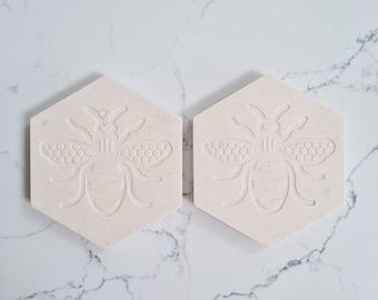 Bee Coasters, bumble bee coasters, set of two coasters, drinks coasters, Jesmonite coasters, white coasters, World Bee Day,