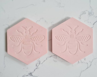 Bee Coasters, bumble bee coasters, set of two coasters, drinks coasters, Jesmonite coasters, pink coasters, home decor, home accessories