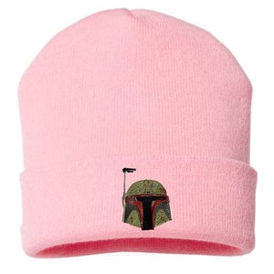 Bobafett Battle Damaged Starwars Embroidered Handmade Beanie Made in USA Light Pink