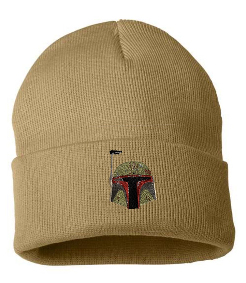 Bobafett Battle Damaged Starwars Embroidered Handmade Beanie Made in USA Tan