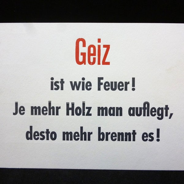 Postcard Letterpress Spruchkarte Geiz - Hand printed