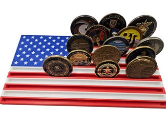 Challenge Coin Holder, Coin Display, Military Coins, Coin Rack, Desk Display,  Gift for Veterans, Retirement Gift, USA Flag, American Flag
