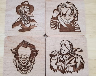 Halloween Coasters (4 Qty) | Kitchen | Horror | Beechwood | Laser Engraved | Alcohol | Beer | Wine | Coaster | Movie