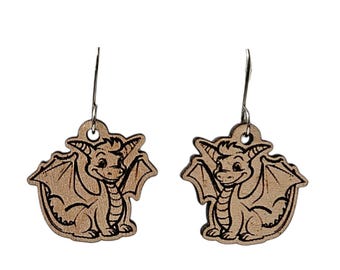 Dragon Earrings, Wood Earrings, Gift for Her, Gift for Dragon Lovers, Handmade, Fun Earrings, Animal, Mythical Beasts, Flying Dragon