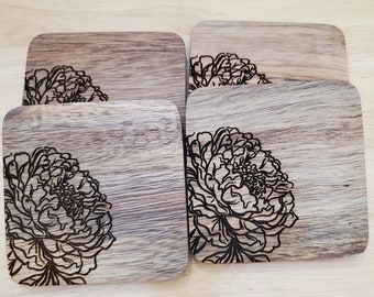 Flower Coasters (4 Qty) | Kitchen | Home Decor | Acacia Wood | Laser Engrave | Alcohol | Beer | Wine | Coaster