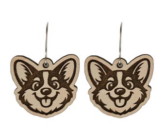 Corgi Face Earrings, Wood Earrings, Gift for Her, Gift for Dog Lovers, Corgi Appreciation, Pet Earrings, Fun Earrings