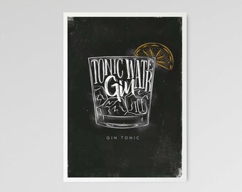 Gin Tonic Cocktail Poster, klassisches Küchenposter, Cocktail Rezept, Bar Print