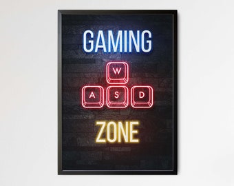 Gaming Zone Poster, Computer Poster mit Neoneffekt, Gamer Dekor, Geschenk für Zocker, PC Gaming Room Poster