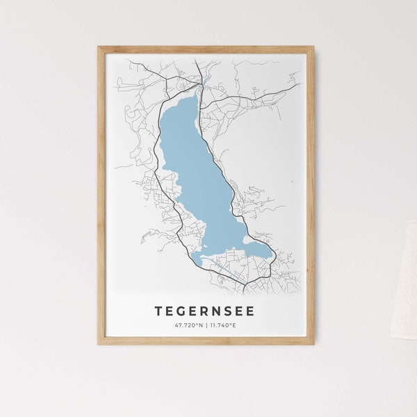 Tegernsee Poster, Seekarte Druck, Umriss See Poster, Tegernsee mit Koordinaten, Geschenk zum Einzug, Reise Geschenk