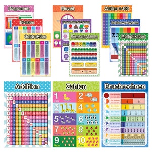 12 pädagogische Mathe Lernposter A4/A3 - Extra dickes Papier & beidseitig laminiert - 1x1 Lernen, Einmaleins, Zahlen lernen, Lernhilfe