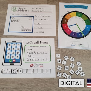Kids Life Skills Worksheets Bundle | US | Practice Address, Learning Phone Numbers, Learn to tell Time, Homeschool, Printable | Download