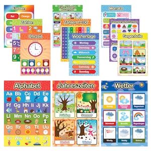 12 pädagogische Montessori Lernposter A3/A4 - Extra dickes Papier & beidseitig laminiert - Grundlagen 1 - Buchstaben lernen, Lernhilfe