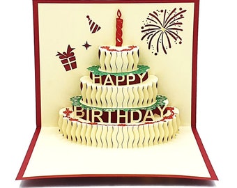 Pop-Up Karte Geburtstagstorte in Rot & Gelb, 3D Geburtstagskarte, Geschenkkarte, Geschenk zum Geburtstag