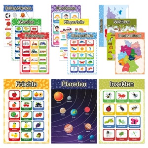 12 pädagogische Montessori Lernposter A4/A3 - Extra dickes Papier & beidseitig laminiert - Grundlagen 2, Lernposter Grundschule, Lernhilfe
